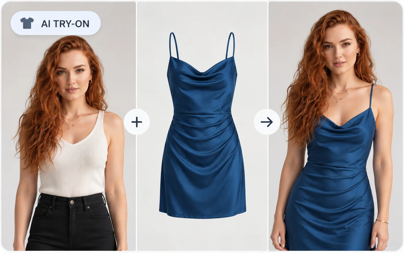 A person, a garment, and the same person shown wearing that garment