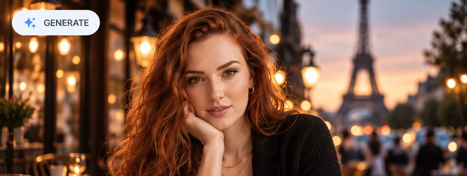 A premium AI-generated portrait at a European café in evening light